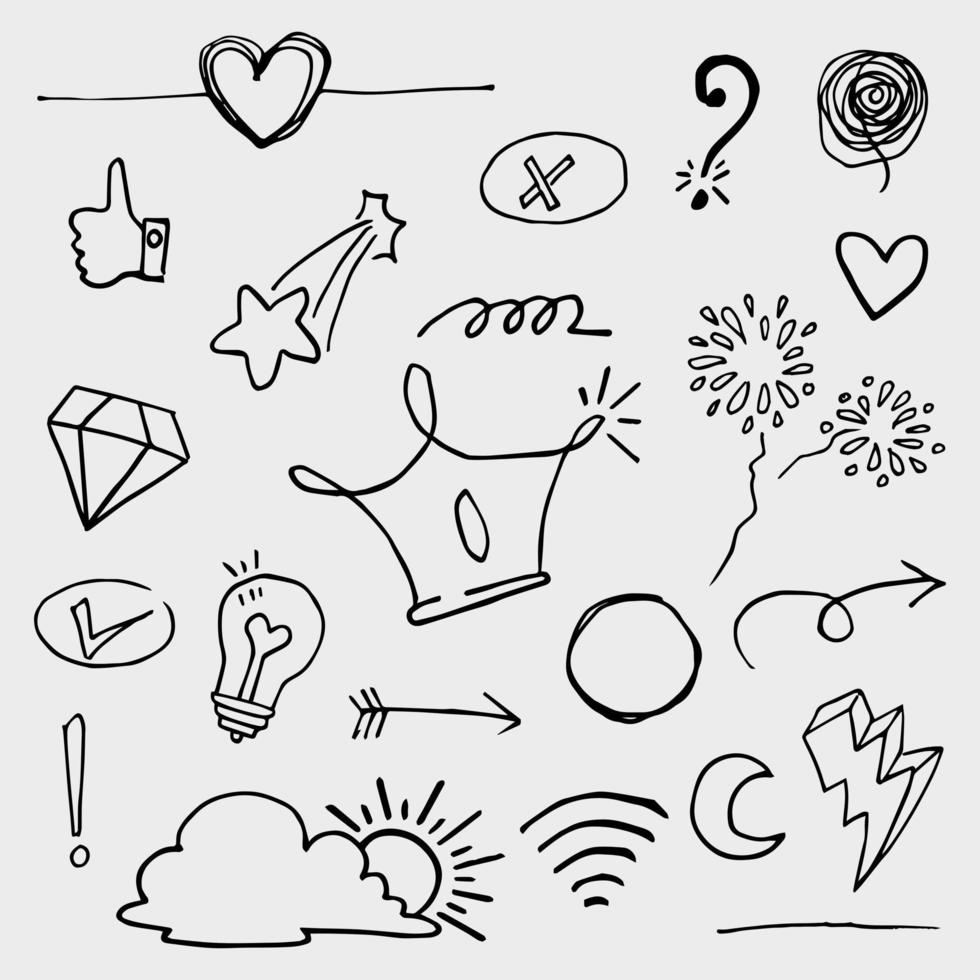 doodle vetor definido ilustração com vetor de estilo de arte de linha de desenho de mão. coroa, rei, sol, flecha, coração, amor, estrela, redemoinho, swoops, ênfase, para design de conceito