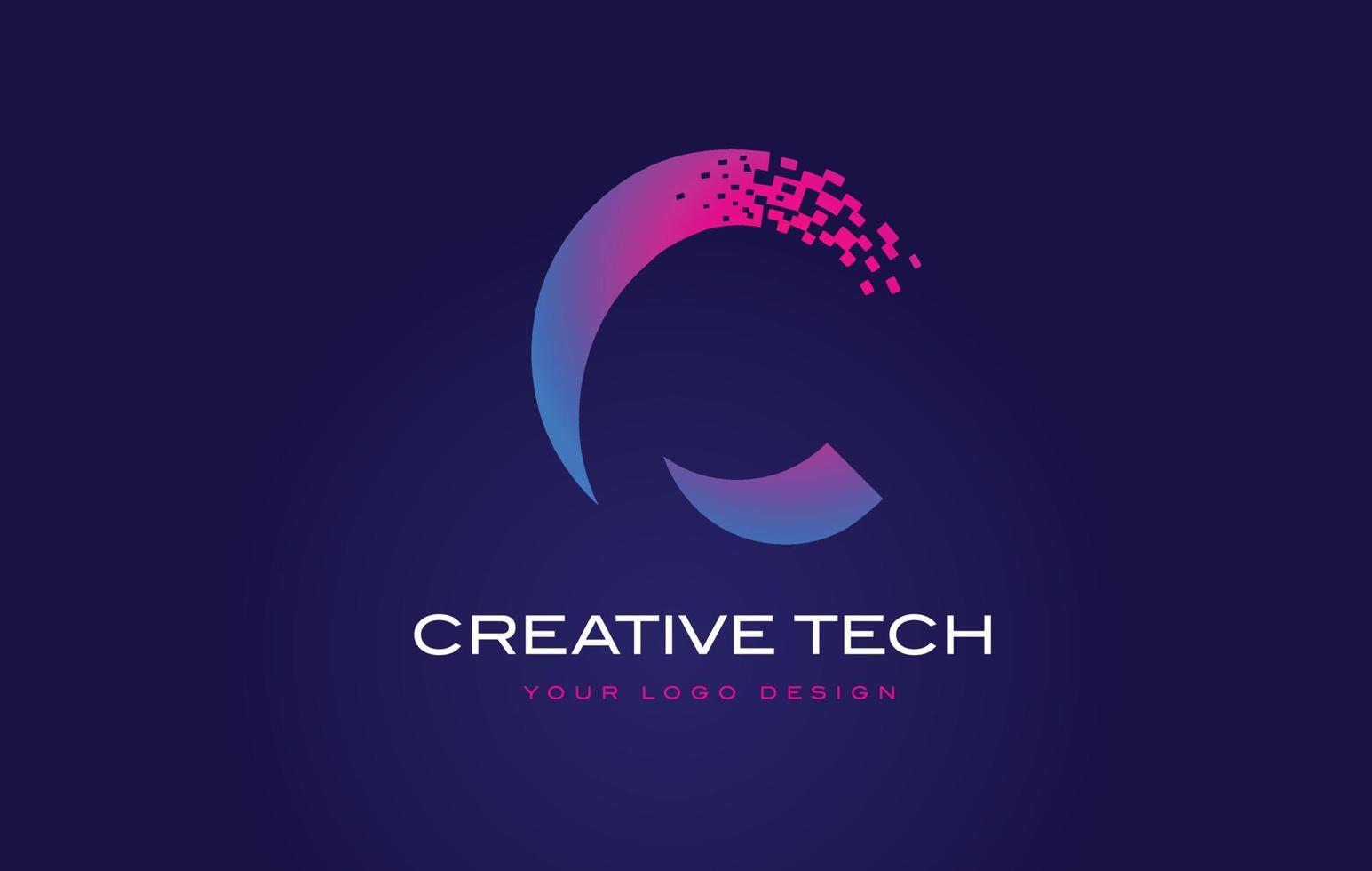 c design do logotipo da letra inicial com pixels digitais nas cores roxas azuis. vetor