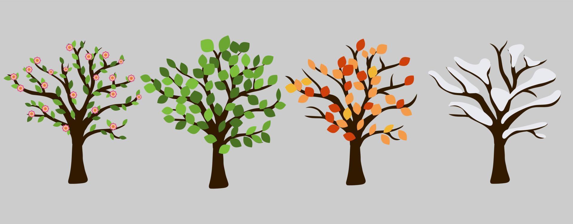 árvore em design gráfico de quatro temporadas. flor rosa, folhas de laranja, neve branca e folhas verdes. ilustração vetorial isolada para cada ano de tempo. vetor