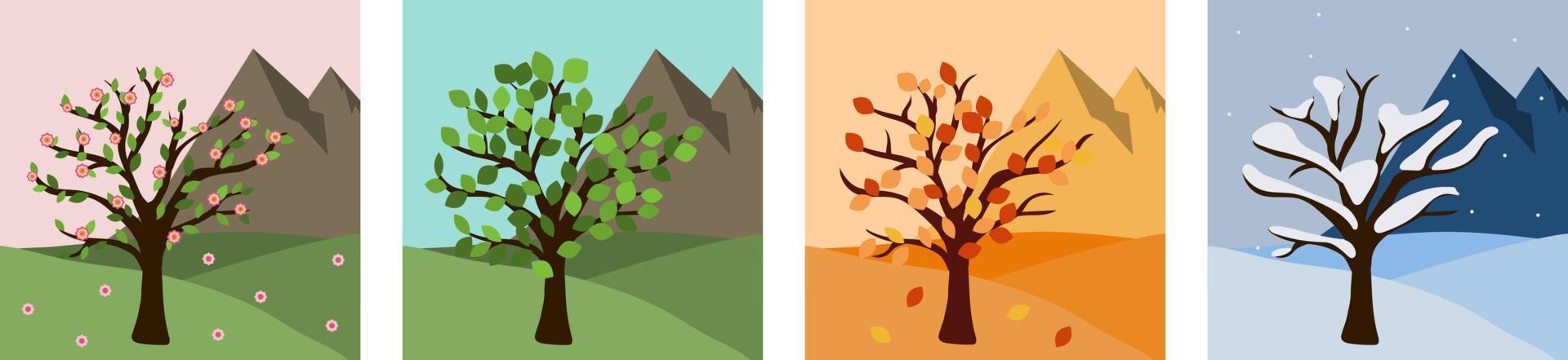ícones da árvore da estação para o site de viagens. ilustração em vetor plana temporada design gráfico. ambiente de parque quadrado com montanhas e árvores no verão, primavera, inverno, outono, outono.