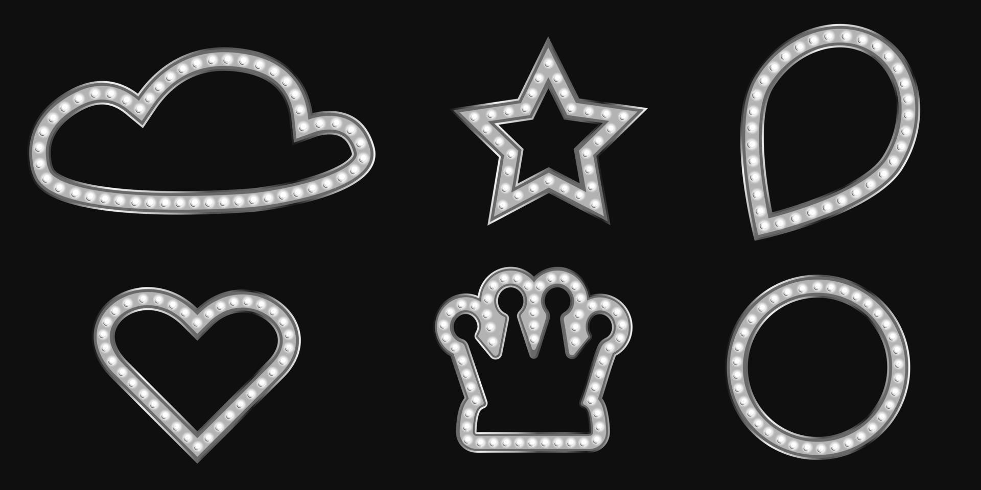 emblema brilhante para letreiro de coroa de prata. banner preto sexta-feira para design de eventos de luxo. luz de pino cinza com moldura de estrela e coração. vetor