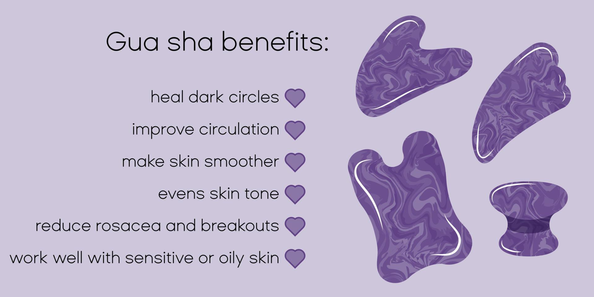 banner infográfico roxo com exercício de massagem facial Gua sha. guasha ametista para o cuidado da pele e bem-estar. vetor