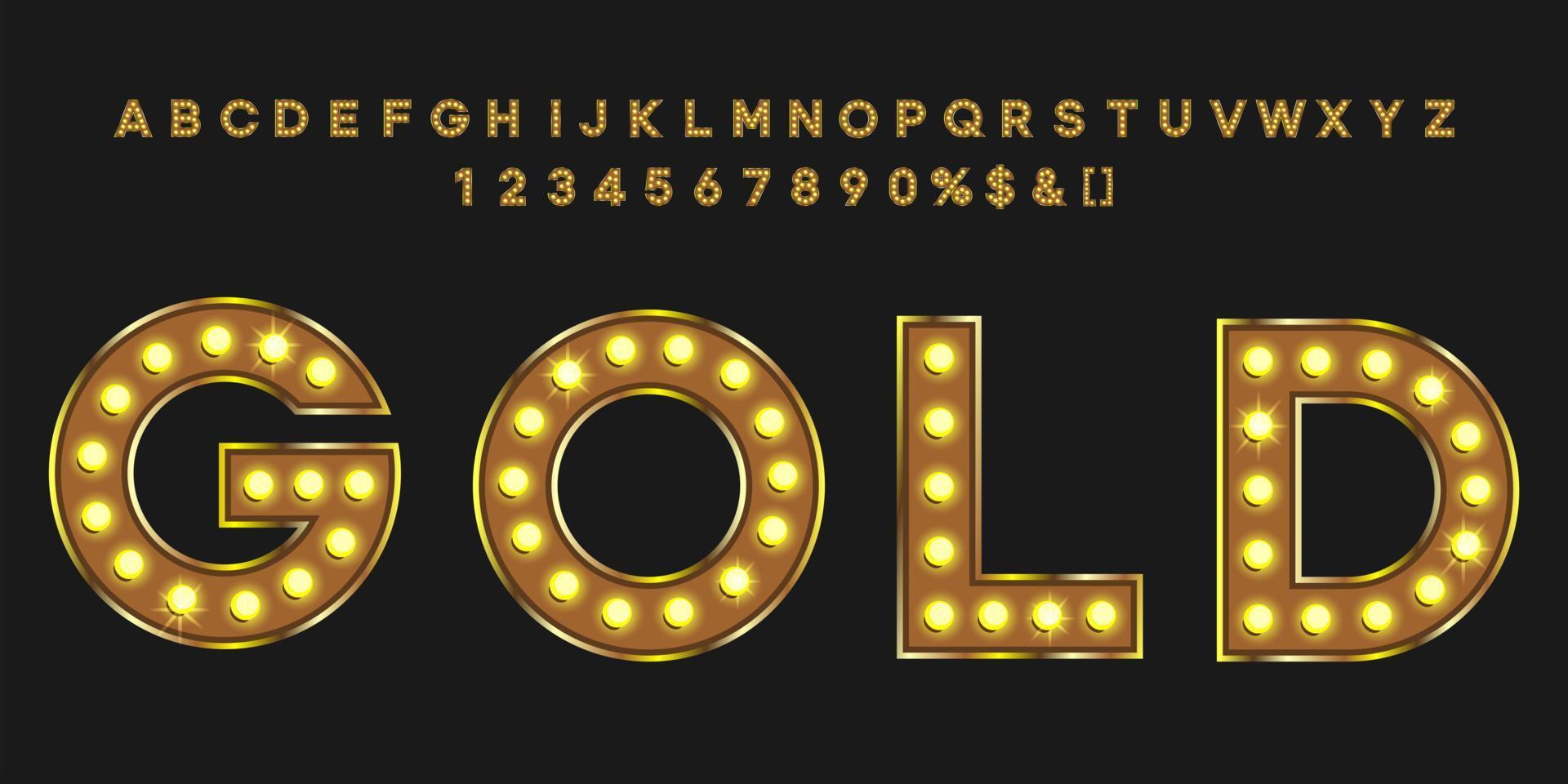 texto vintage ouro com alfabeto e números. fonte de letras de néon para festa retrô ou quadro indicador de evento. vetor