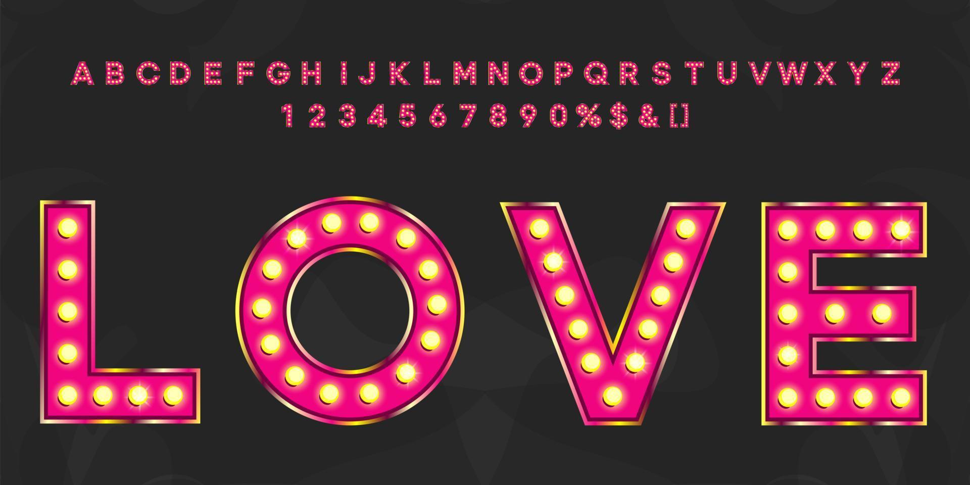 texto vintage de amor rosa com alfabeto e números. tipo de letra de letras de néon para festa retrô ou quadro indicador de evento. vetor