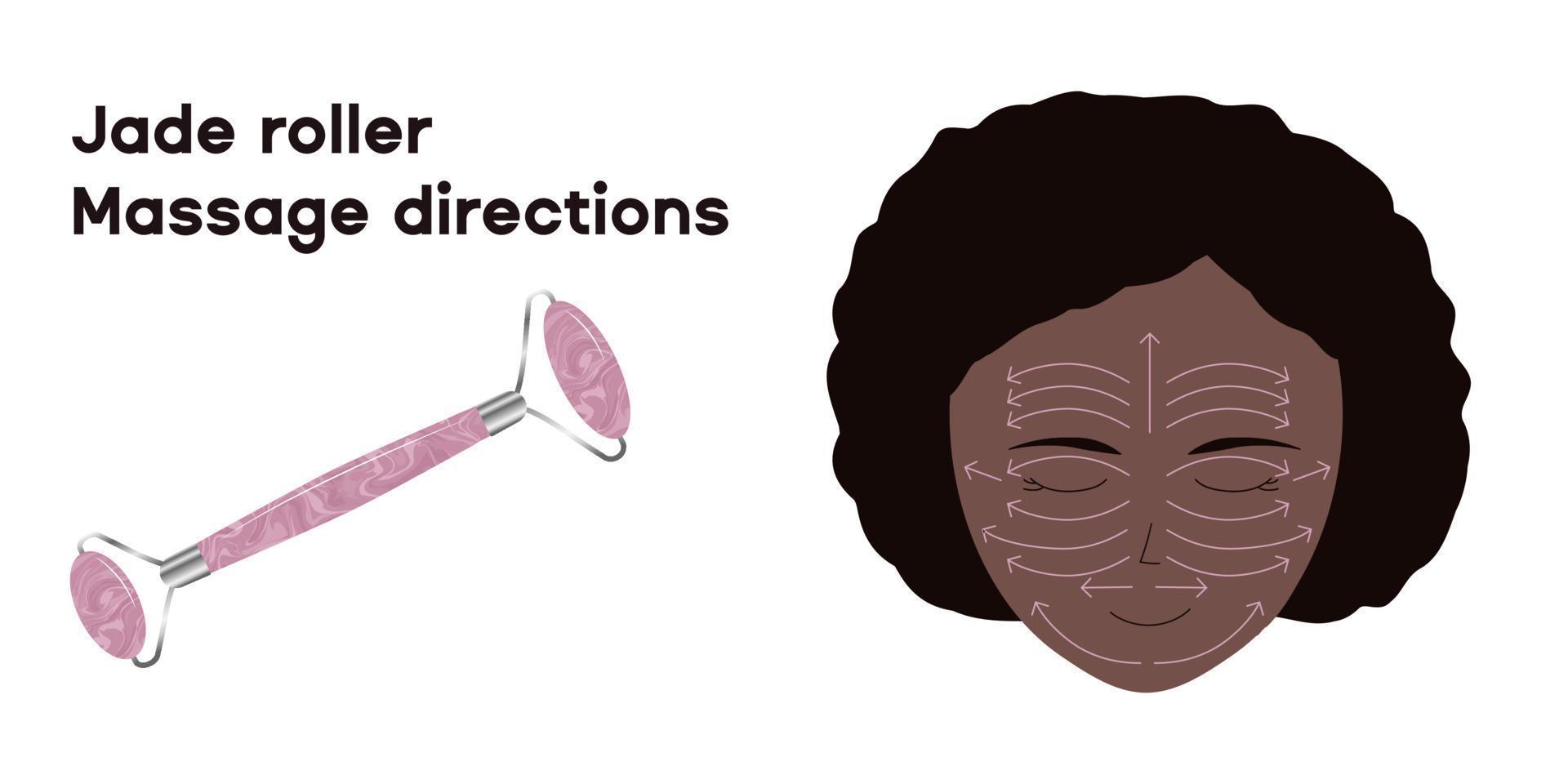 Instruções de massagem do rolo de jade de quartzo rosa em um rosto de uma jovem negra. vetor