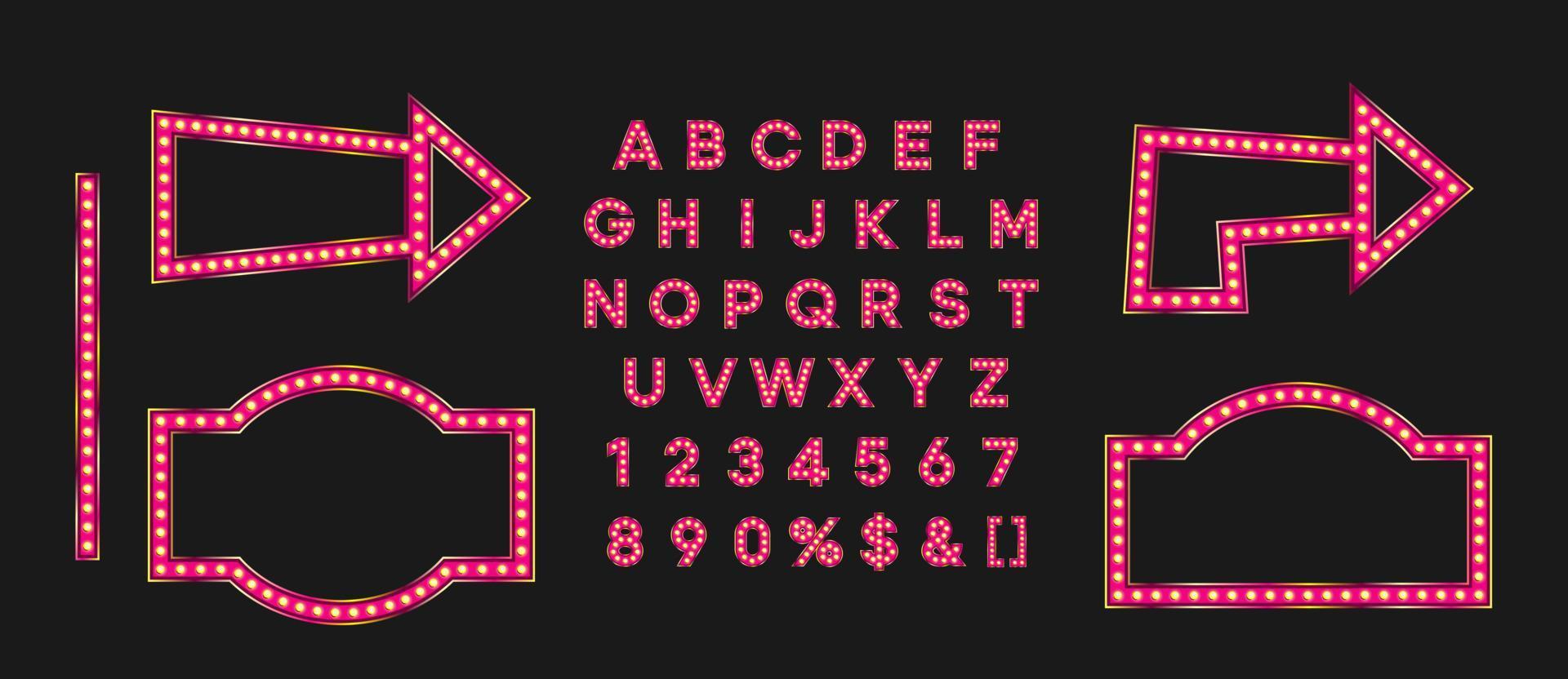 quadro indicador rosa brilhante e seta para banner de venda sexta-feira negra. alfabeto de marca para logotipo do clube noturno ou distintivo do evento. vetor