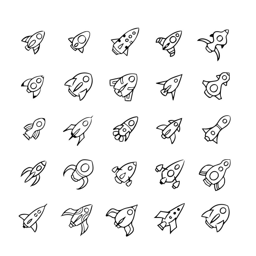 ícone de foguetes de mão desenhada definido em estilos diferentes. vetor