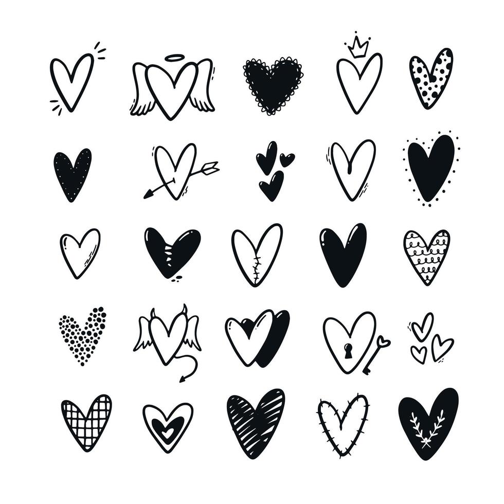 conjunto de 25 corações bonitos desenhados à mão, isolados no fundo branco. bom para adesivos, estampas, tags, ícones, rabiscos, scrapbooking, decoração do dia dos namorados, etc. eps 10 vetor