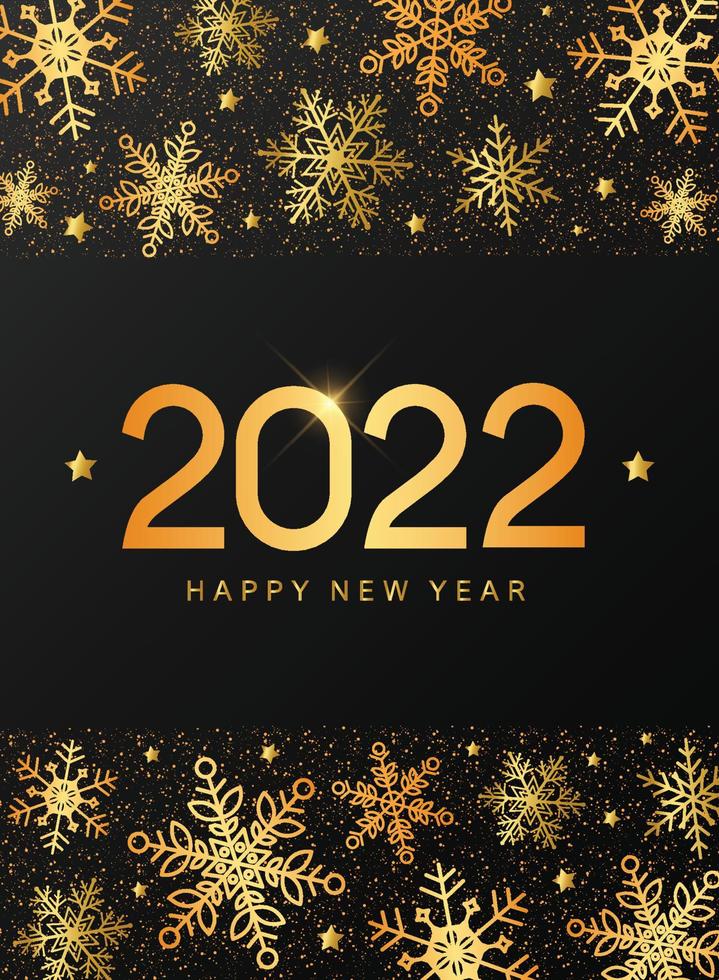 texto ouro criativo 2022 feliz ano novo decorado com bordas horizontais em fundo preto. bom para pôsteres, convites, cartões, gravuras, modelos, etc. eps 10 vetor