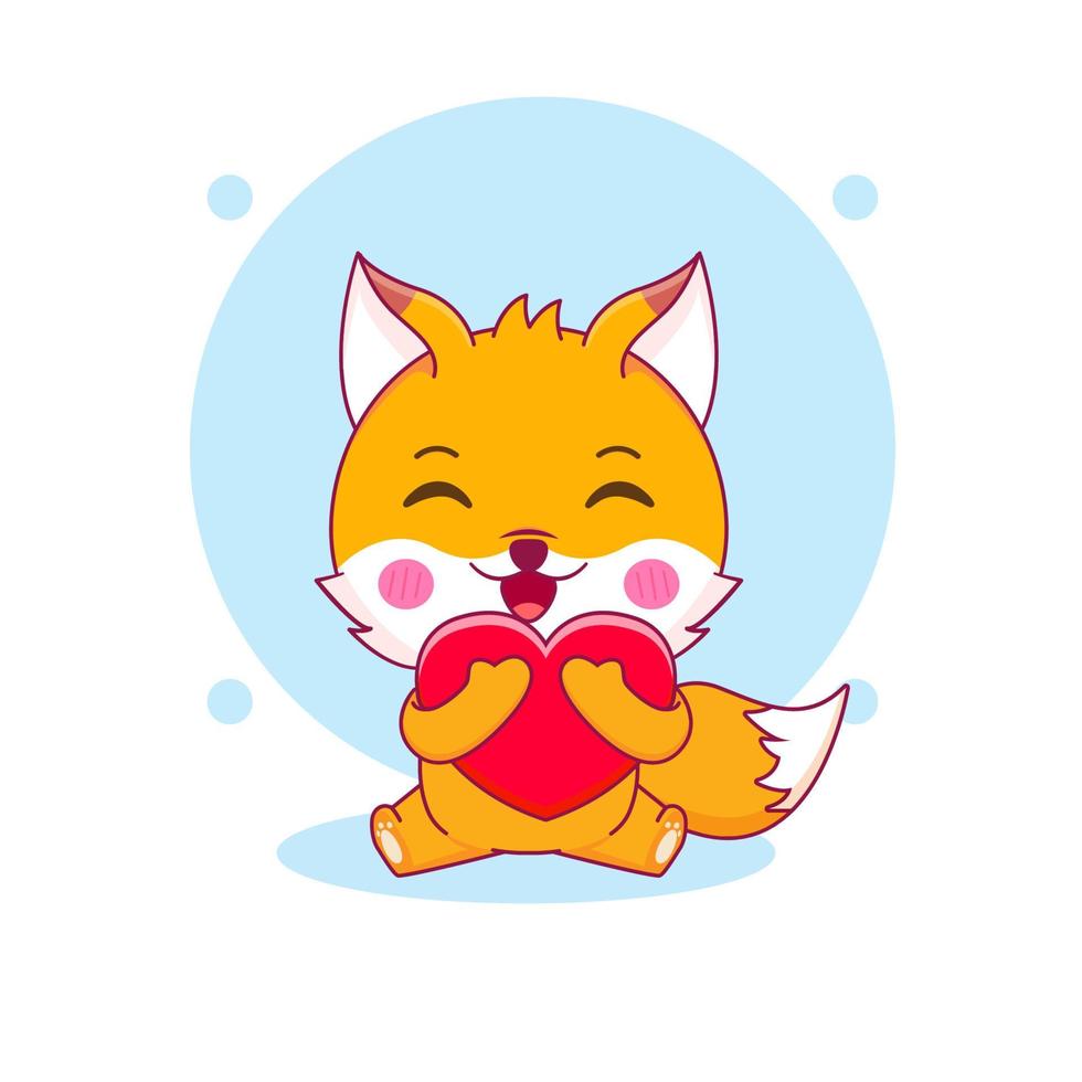 personagem de desenho animado de raposa fofinho abraçando um coração de amor vetor