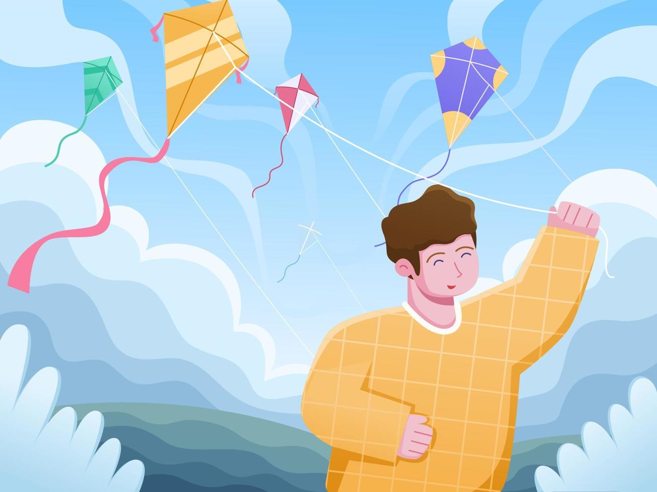 cartoon ilustração menino indiano jogando pipa para celebrar o festival makar sankranti. tradição do festival de pipas. feliz makar sankranti saudação cartão, cartão postal, banner, web, impressão, cartaz. vetor