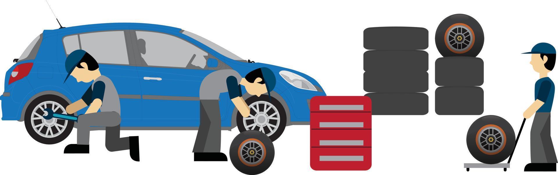 mecânico em um conjunto de garagem. serviço de montagem de rodas e pneus. transporte, conserto de pneus, coleta de balanceamento computadorizada. ilustração em vetor editável em estilo cartoon, isolado no fundo branco