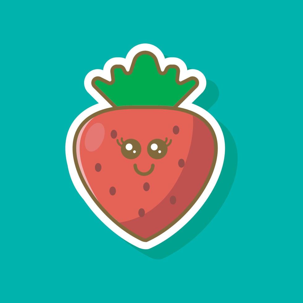 ilustração de desenho bonito, personagem de morango fruta, estilo de adesivo de animação de design plano simples vetor