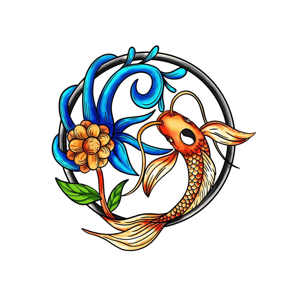 bela linha de arte carpa koi com vetor de estoque de tatuagem de círculo de flores