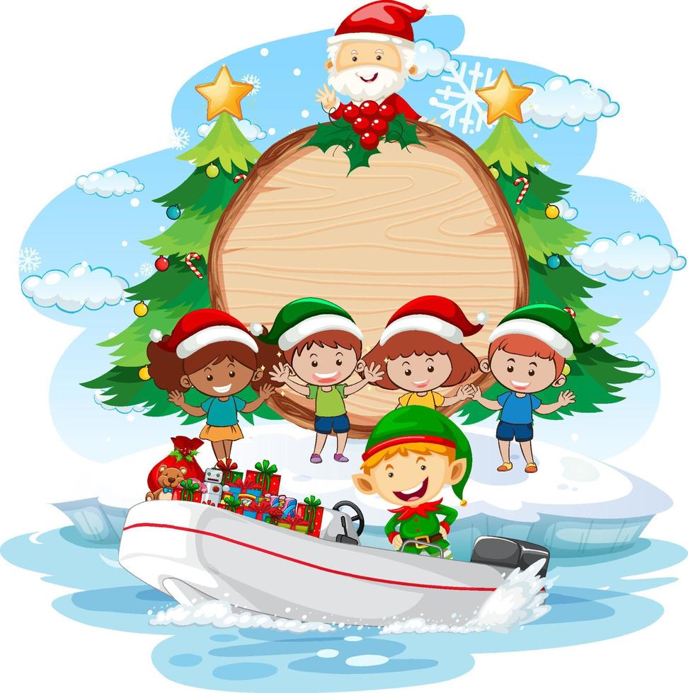 banner vazio com duendes de natal entregando presentes em um barco vetor