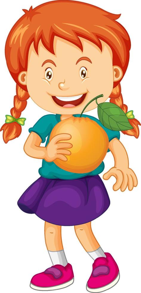uma garota segurando um personagem de desenho animado de fruta laranja isolado no fundo branco vetor