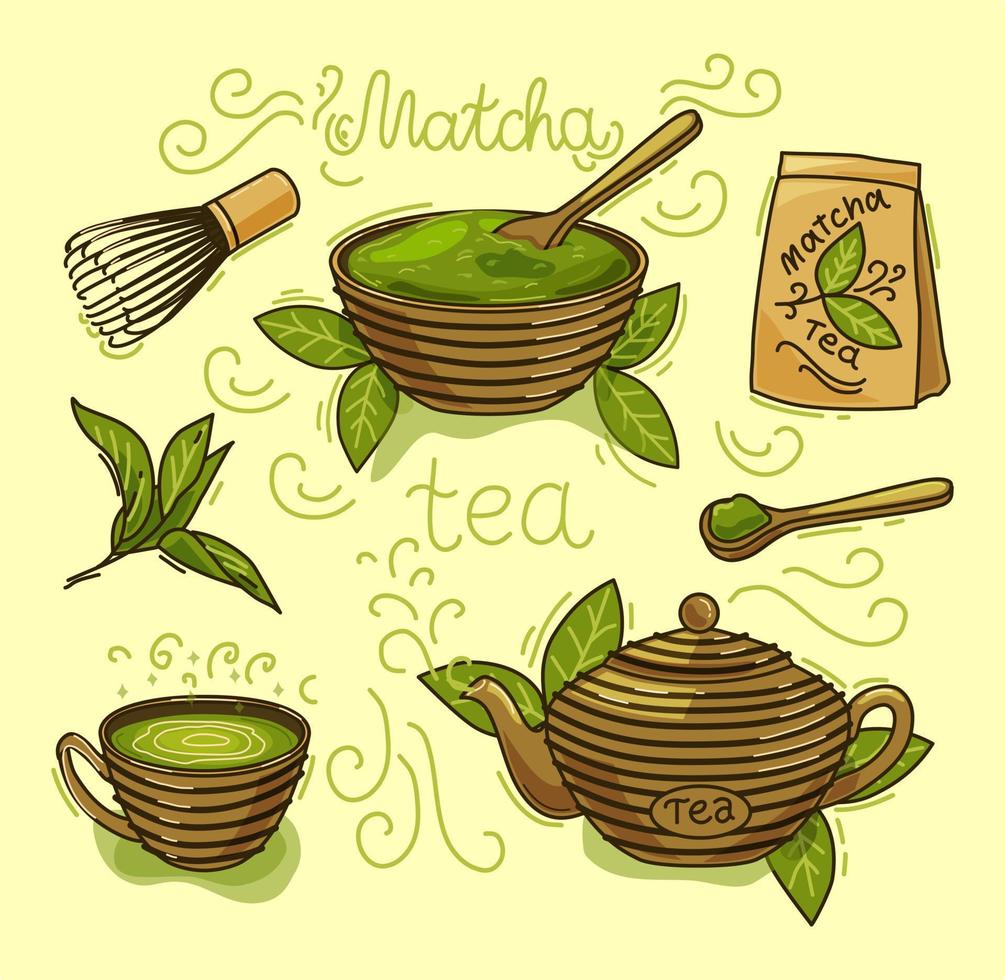 conjunto de vetores de produtos de chá matcha. pó matcha, mochi, bule, colher, folhas de chá. ilustração a cores. os objetos são isolados.