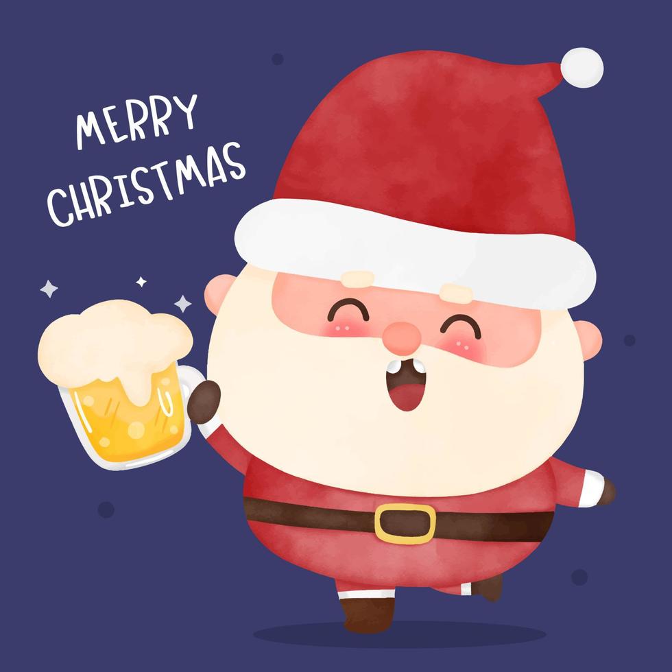 desenho animado bonito de santa calus e cerveja de Natal, vetor x mas.