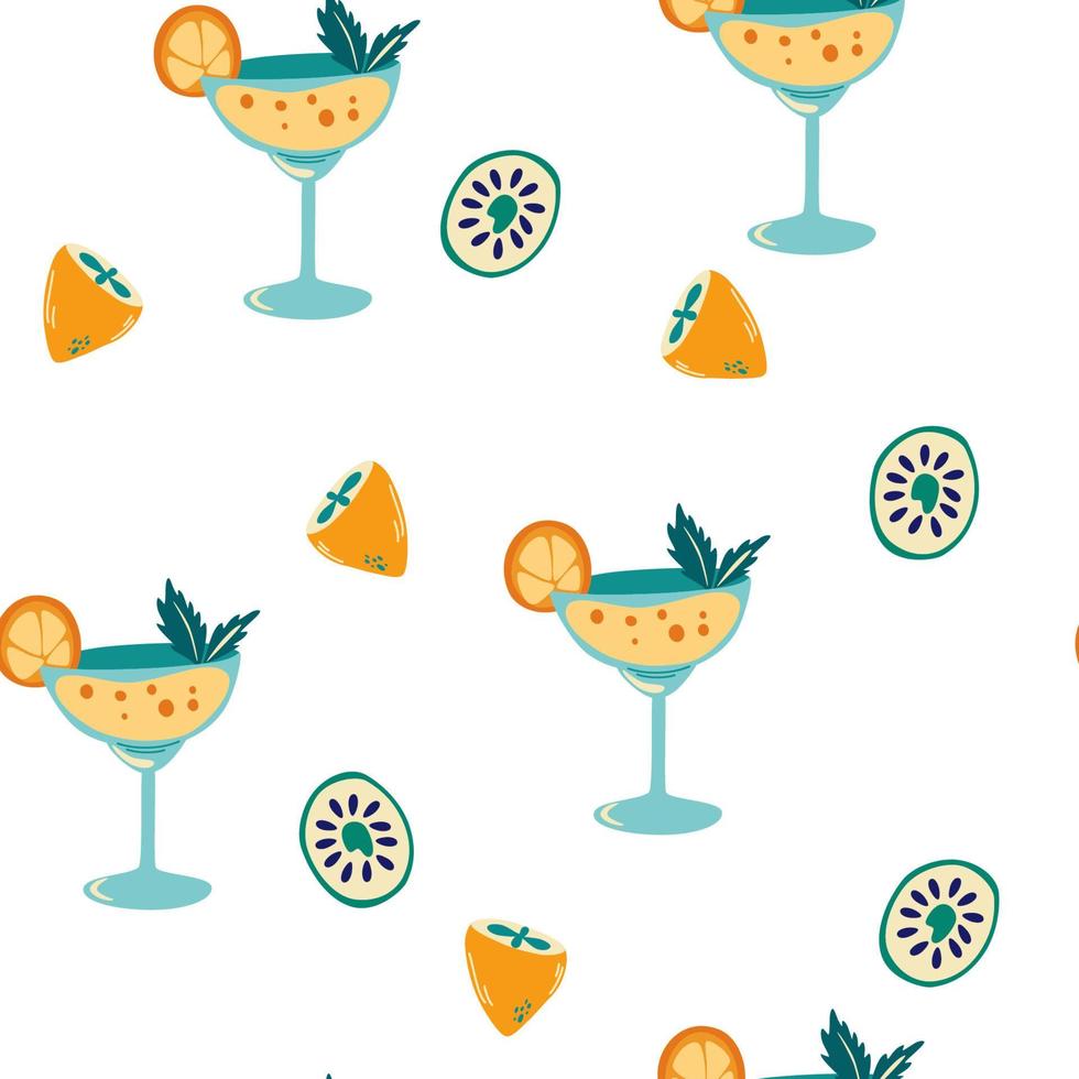 padrão sem emenda de coquetel. fundo de verão com coquetel com fatia de laranja. bebida refrescante. frutas frescas orgânicas. para cafés, restaurante, menus e festas, têxteis. ilustração vetorial de desenho animado vetor