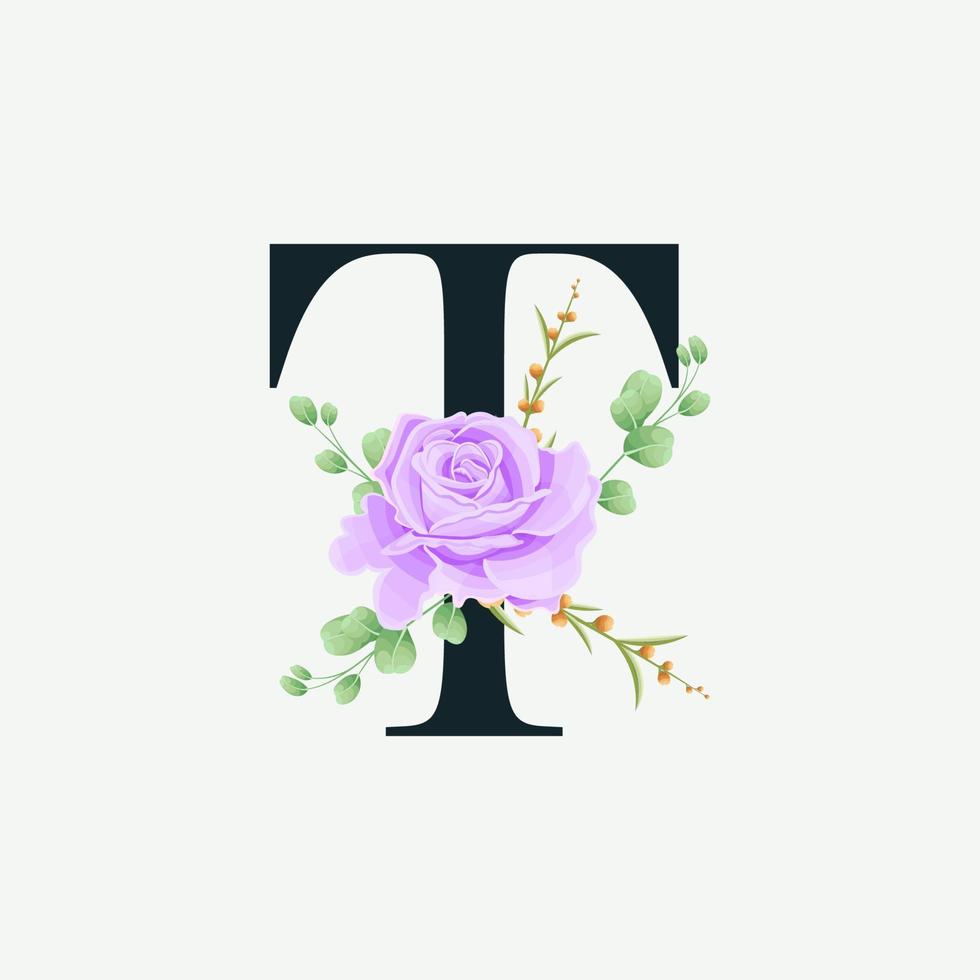 lindo t alfabeto com modelo de decoração de logotipo floral. fonte de luxo com folhas verdes ilustração vetorial botânica do emblema. vetor