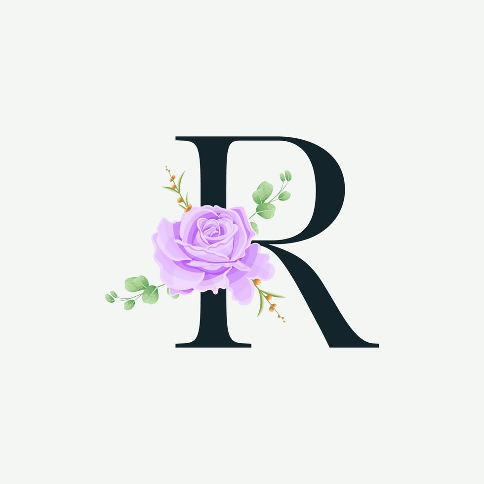 alfabeto r lindo com modelo de decoração de logotipo floral. fonte de luxo com folhas verdes ilustração vetorial botânica do emblema. vetor