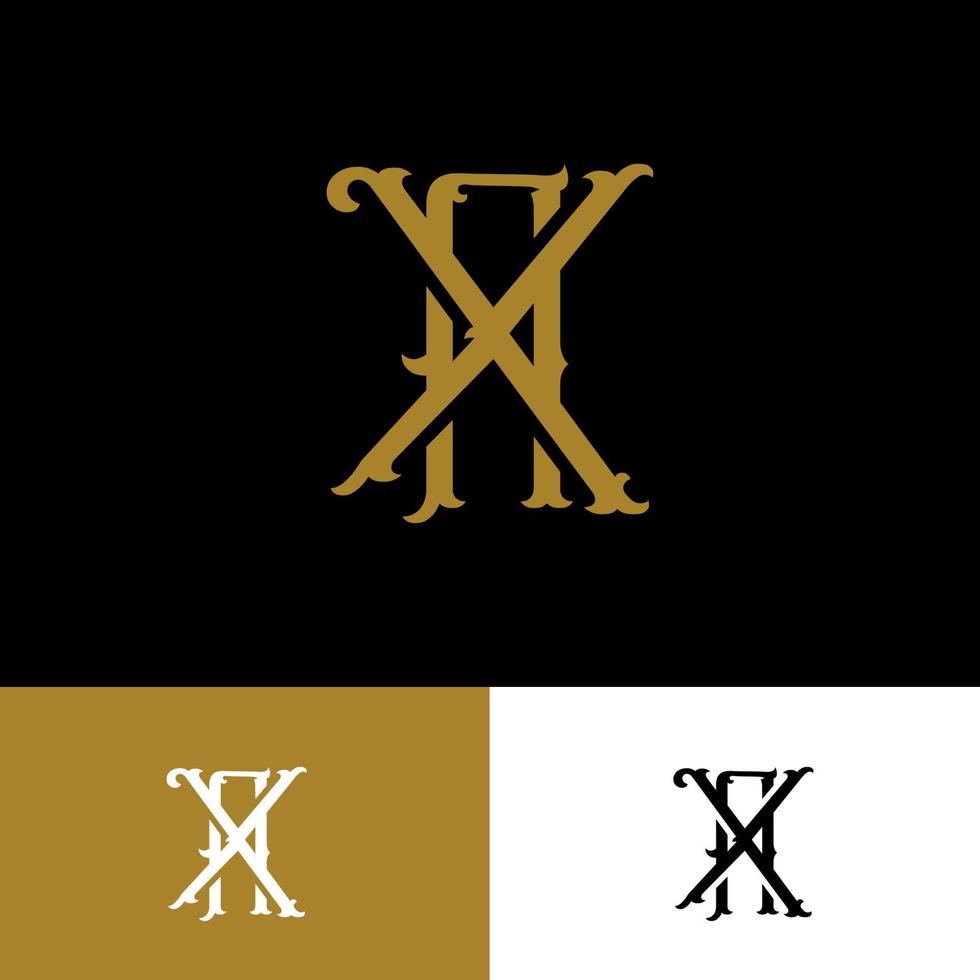 logotipo do monograma com a letra inicial a, x, machado ou xa vintage sobreposta na cor dourada em fundo preto vetor