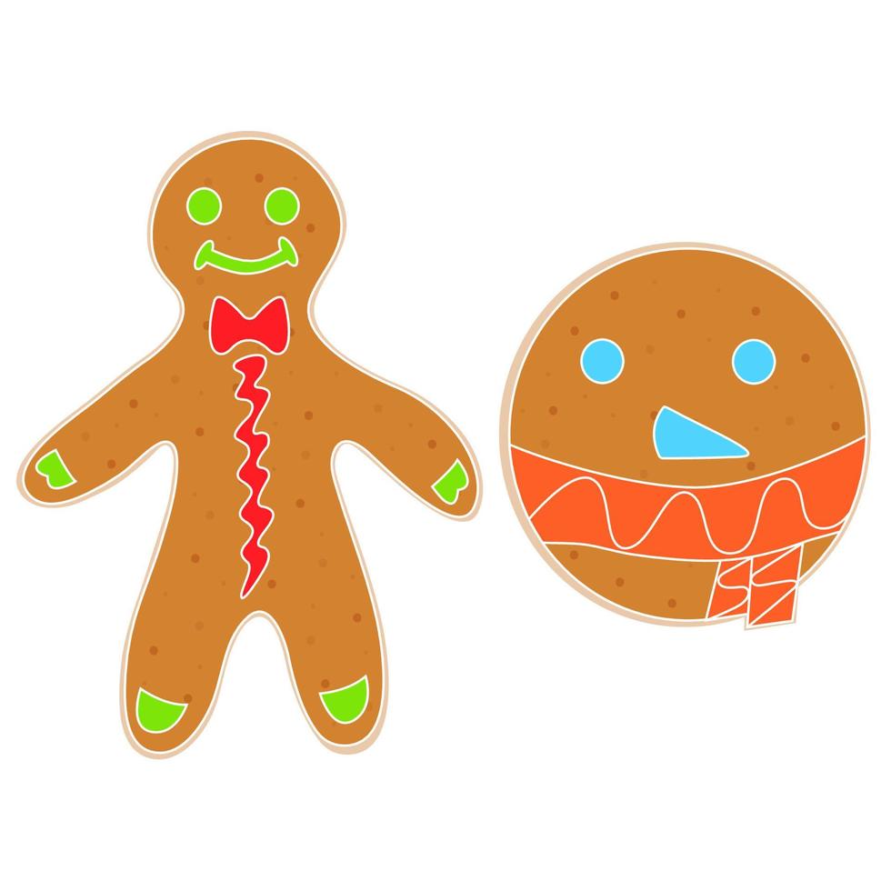 homem-biscoito de Natal decorado glacê colorido. cookie de férias em forma de homem e círculo. objetos de vetor isolados em fundo branco