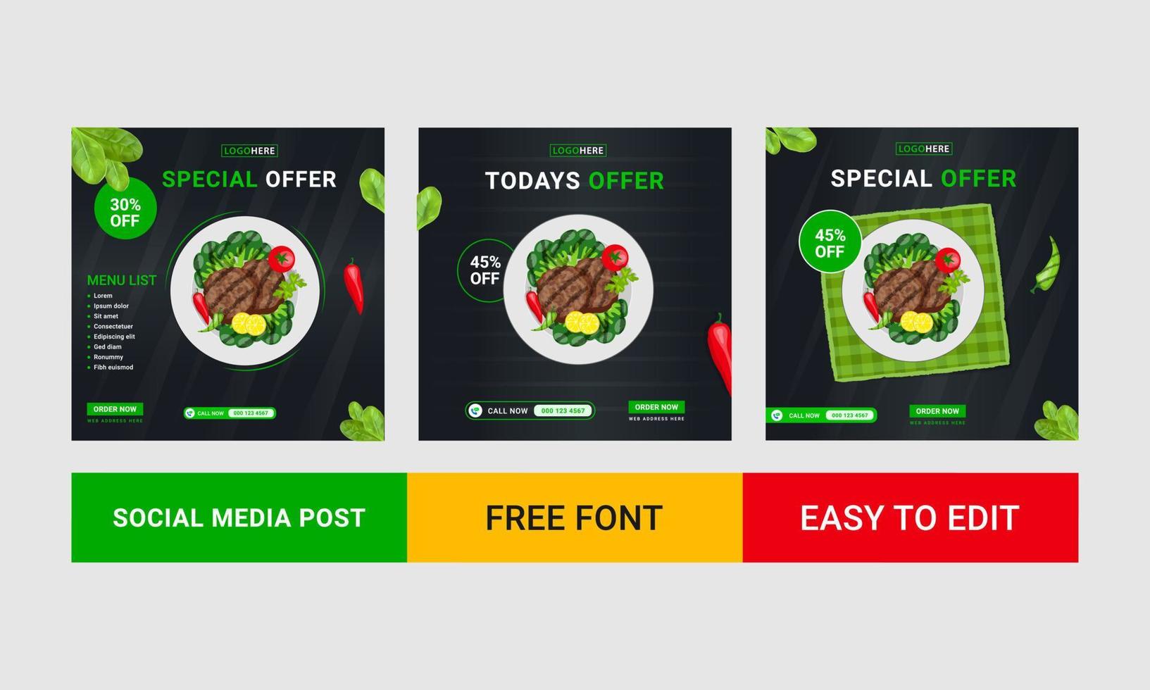 conjunto de design de modelo de banner quadrado editável para alimentos. adequado para mídia social pós-restaurante e promoção digital culinária. vetor de forma de cor de fundo preto e verde.