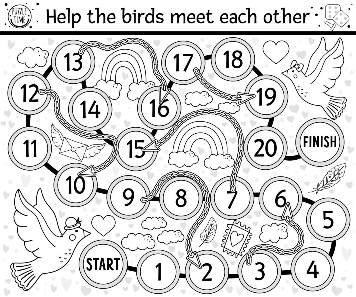 Dia dos namorados santo jogo de tabuleiro preto e branco para crianças com pombos bonitos. esboço educacional jogo de tabuleiro de férias com pássaro, coração. atividade romântica ou página para colorir com tema de amor. vetor