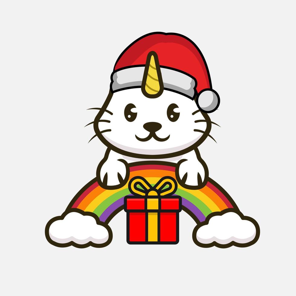 Unicórnio de gato fofo com fantasia de Natal, mascote, ilustração de desenho vetor