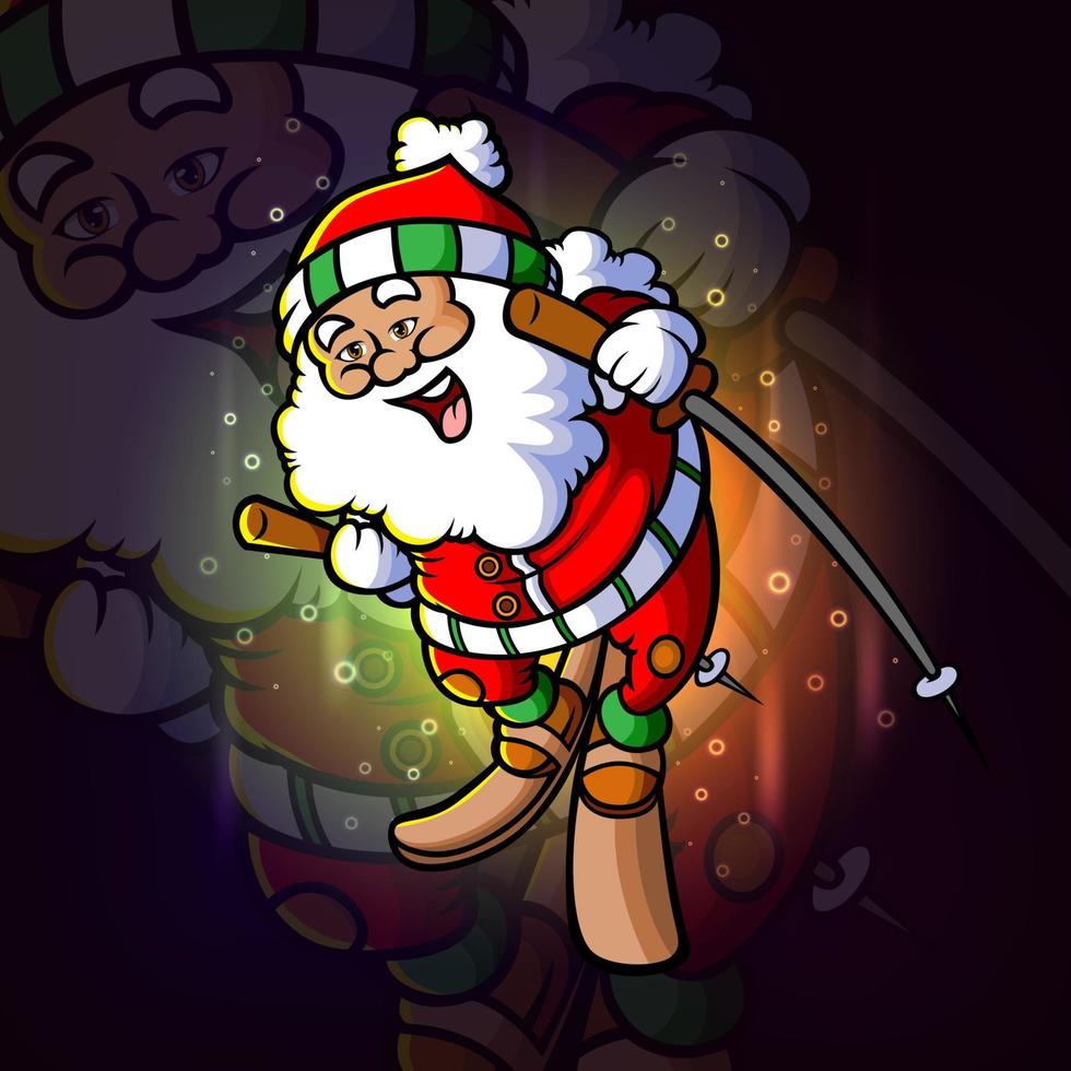 o papai noel está esquiando com o design alegre do mascote esport vetor