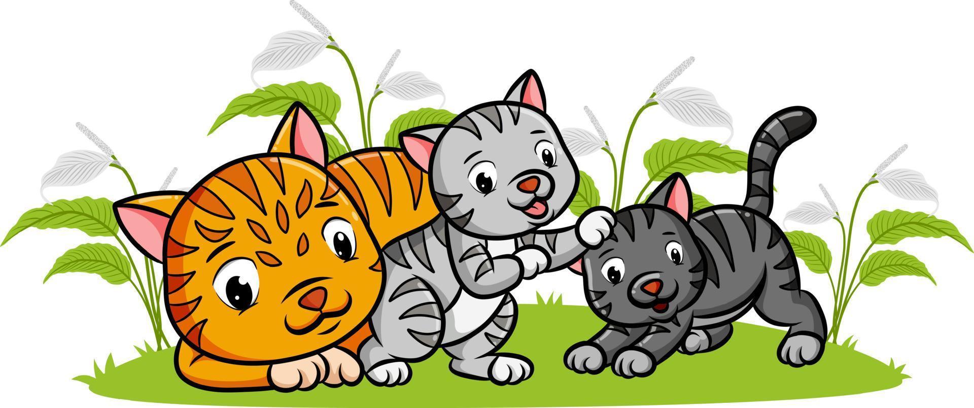 os três gatos estão brincando juntos no jardim vetor