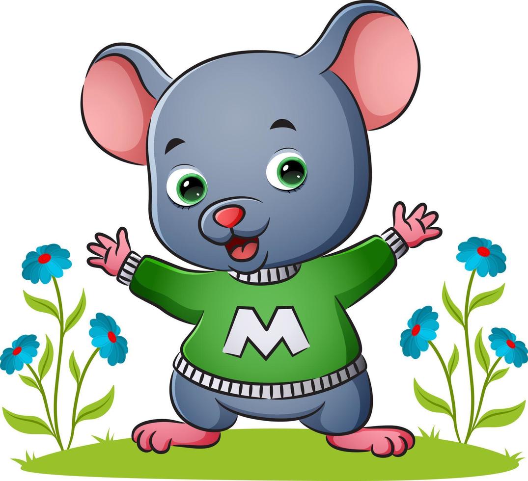 o rato feliz está vestindo o suéter do alfabeto no jardim vetor
