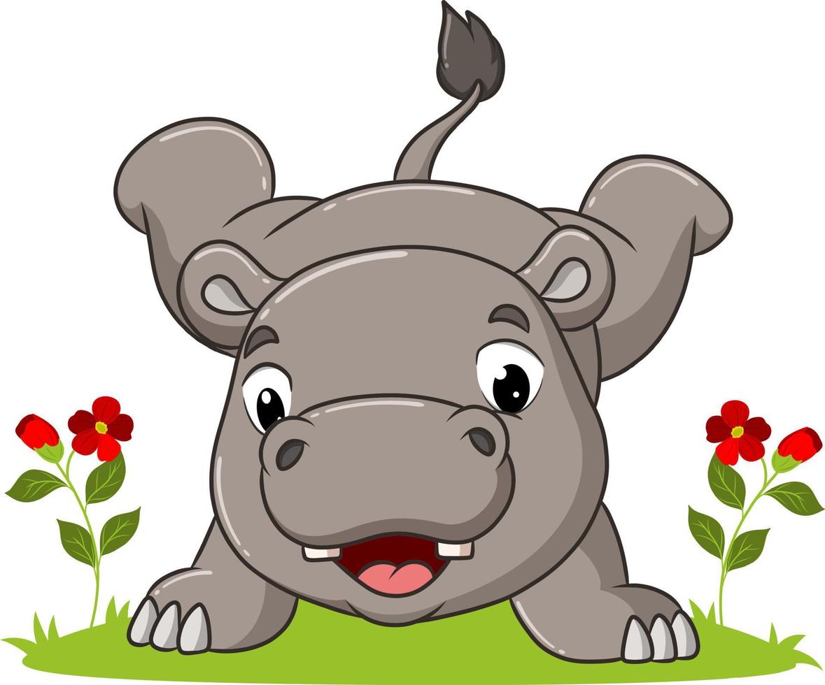 o hipopótamo feliz está fazendo parada de mãos no jardim vetor