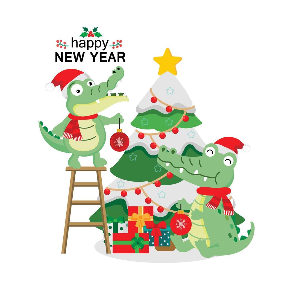 crocodilos bonitos com chapéu de Natal decoram a árvore de Natal. vetor