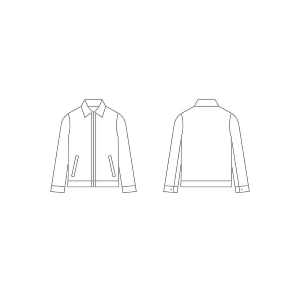 casaco de homem, modelo de contorno de roupas de casaco de gola harrington com zíper frontal. maquete técnica da jaqueta de vestuário. camisa na frente e vista traseira. ilustração plana do vetor