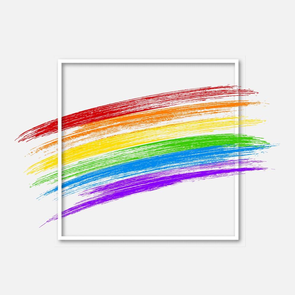 Bandeira da comunidade LGBT e quadro isolado no branco. símbolo do orgulho gay. pinceladas de grunge texturizam as cores do arco-íris. dia internacional contra ilustração vetorial de homofobia. vetor