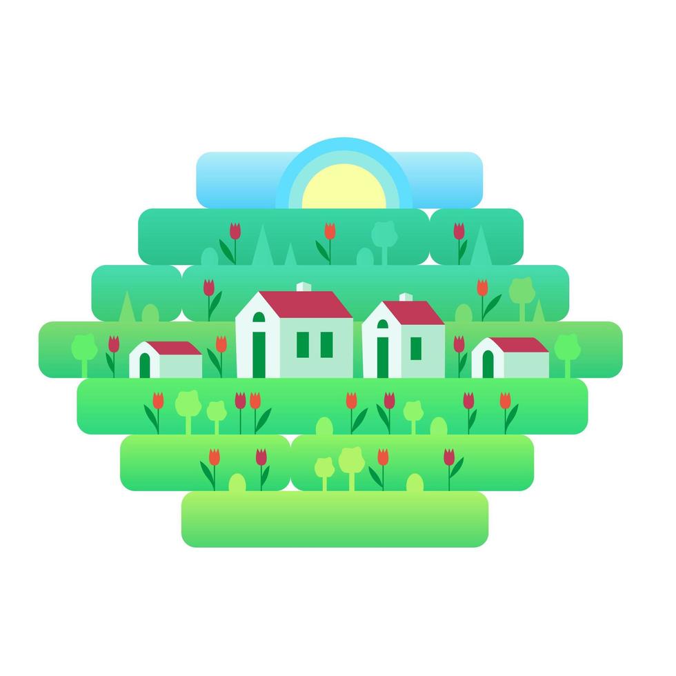 elemento um sammer ou paisagem de dia de primavera com pequenas casas e tulipas vermelhas, num contexto de grama, natureza, colinas. ilustração vetorial em estilo simples para design, jogos ou sites da web vetor