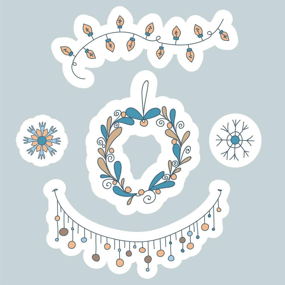 doodle conjunto decoração de inverno. lâmpadas lineares, guirlanda de lanternas, coroa de folhas e flocos de neve. Higiene de inverno. ilustração vetorial no estilo nórdico, escandinavo. desenhado à mão e desenho de autocolante vetor