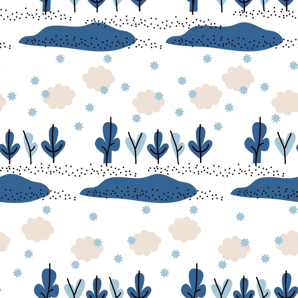 padrão sem emenda abstrato de inverno azul e branco com nuvens, árvores e flocos de neve. na moda mão desenhada texturas fundo de inverno. design abstrativo de neve para papel, tecido, decoração de interiores vetor
