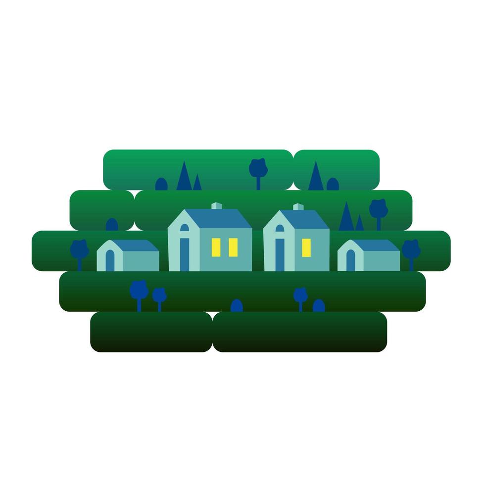 um elemento isolado, uma paisagem noturna com pequenas casas, num contexto de relva, natureza, colinas. ilustração vetorial em estilo simples para design, jogos ou sites da web vetor