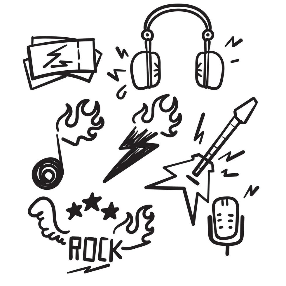 mão desenhada doodle rock and roll conjunto de ícones relacionados com ilustração isolada vetor