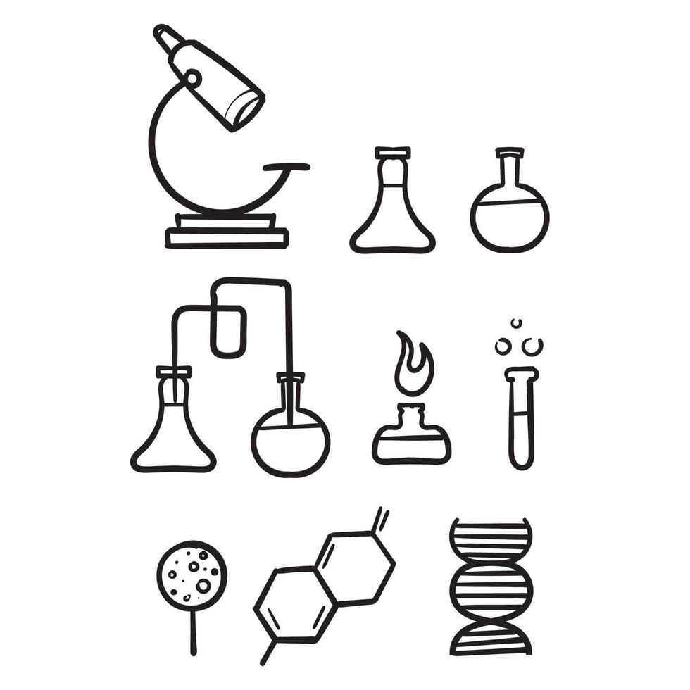 laboratório de química desenhado à mão e ícones diagramáticos mostrando diversos experimentos, vidros e moléculas em estilo doodle vetor