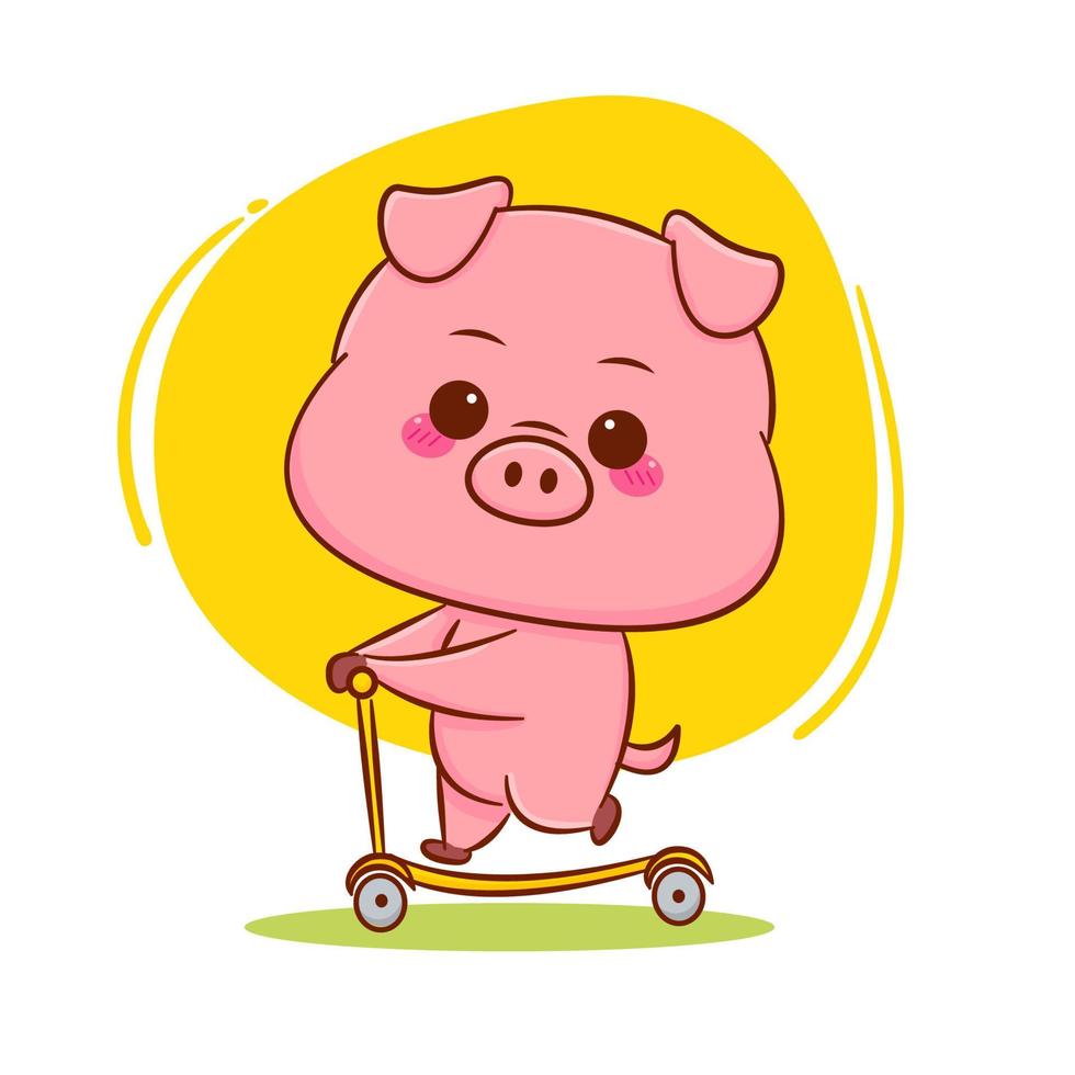 Porco fofo andando de scooter personagem de desenho animado isolado estilo desenhado à mão vetor