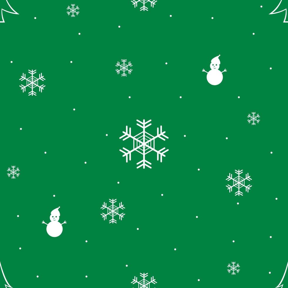 padrão sem emenda com símbolo de Natal, fundo de cor verde e branco, neve, flocos de neve, boneco de neve, árvore e presente. ilustração vetorial. vetor