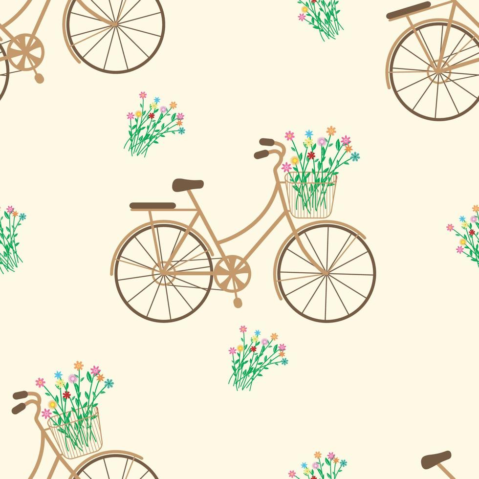 padrão sem emenda. bicicletas, flores com lindas cores, na cesta. ilustração vetorial. vetor