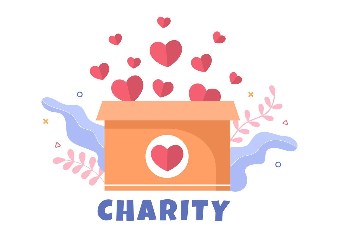 ame a caridade ou faça uma doação por meio de uma equipe de voluntários trabalhando em conjunto para ajudar e coletar doações para cartaz ou banner em ilustração de design plano vetor