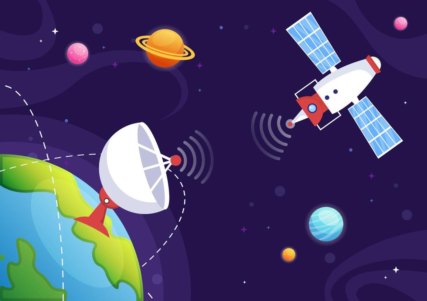 satélites artificiais orbitando o planeta Terra com tecnologia sem fio global 5g rede de internet comunicação por satélite em ilustração de fundo plano vetor