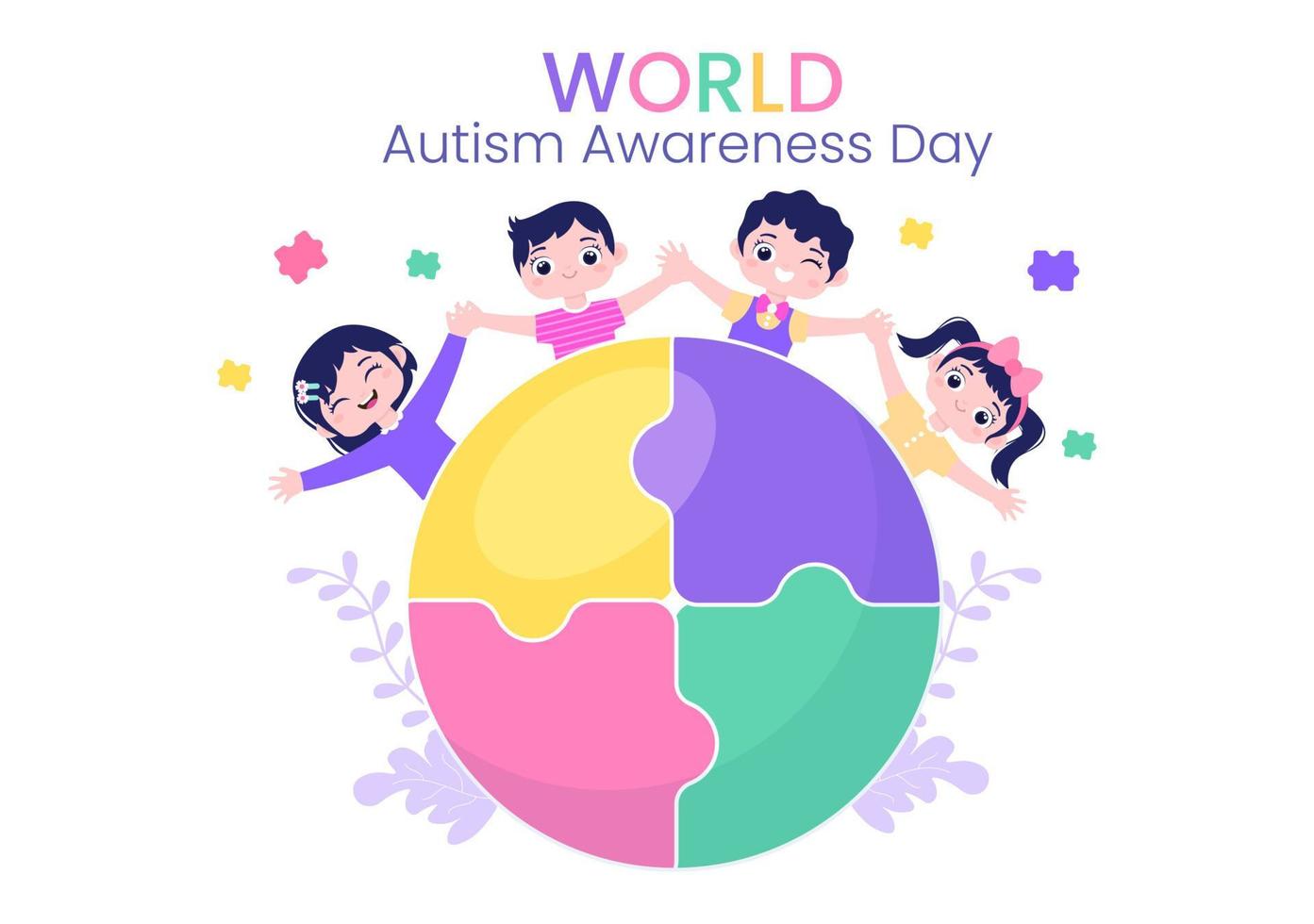 dia mundial da conscientização do autismo com crianças personagens fofas e a mão de peças do quebra-cabeça adequadas para cartão de felicitações, pôster ou banner na ilustração de design plano vetor