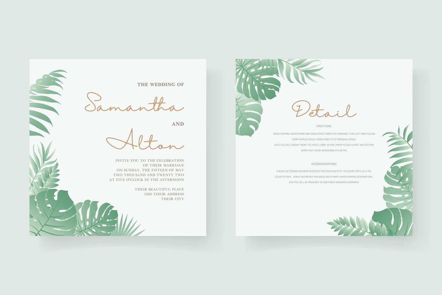 design de cartão de casamento de verão com enfeite de folha tropical vetor